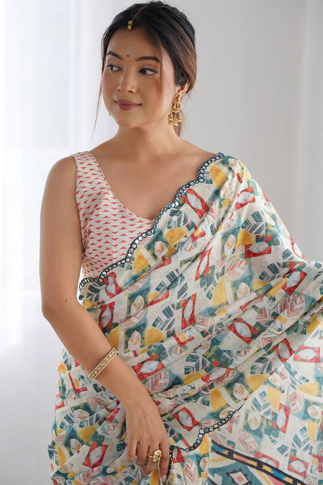 Off White Printed Art Silk Saree