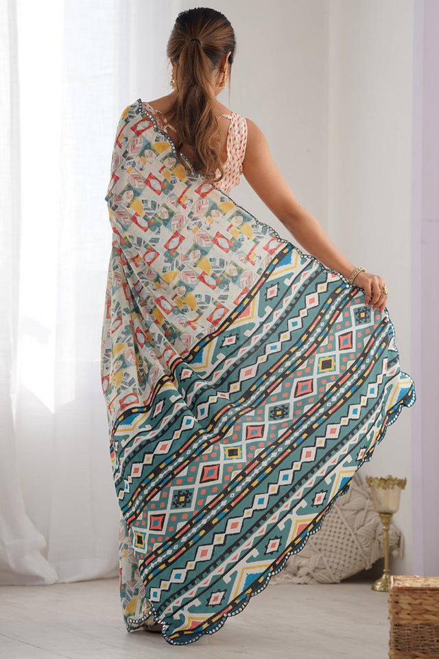 Off White Printed Art Silk Saree