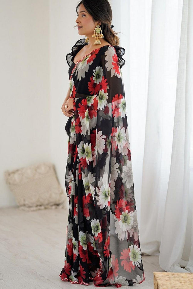 Black Floral Printed Georgette Saree