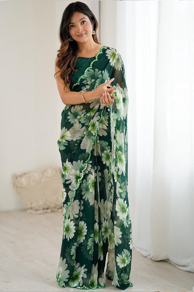 Green Floral Printed Georgette Saree