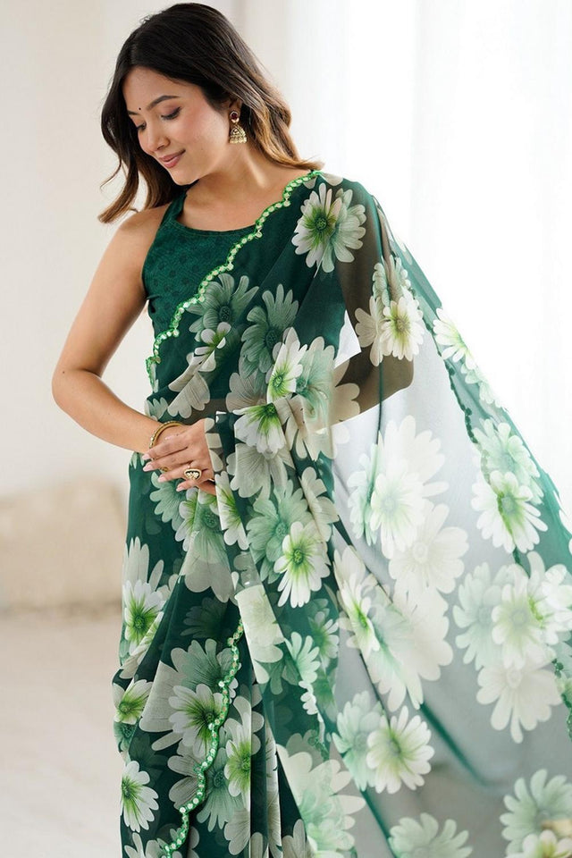 Green Floral Printed Georgette Saree