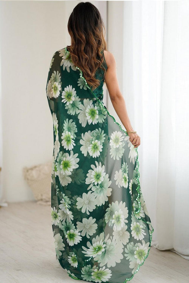 Green Floral Printed Georgette Saree