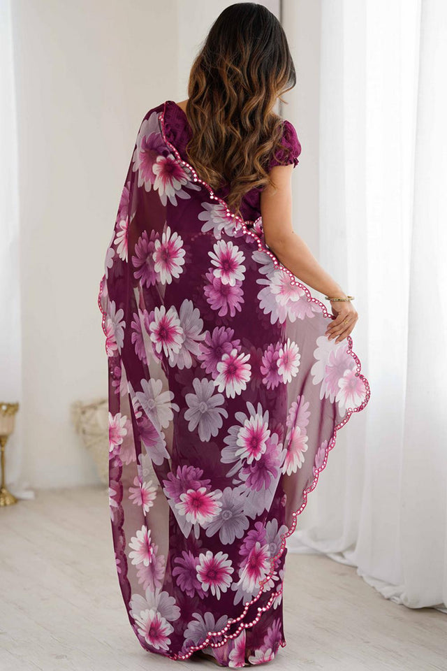 Violet Floral Printed Georgette Saree