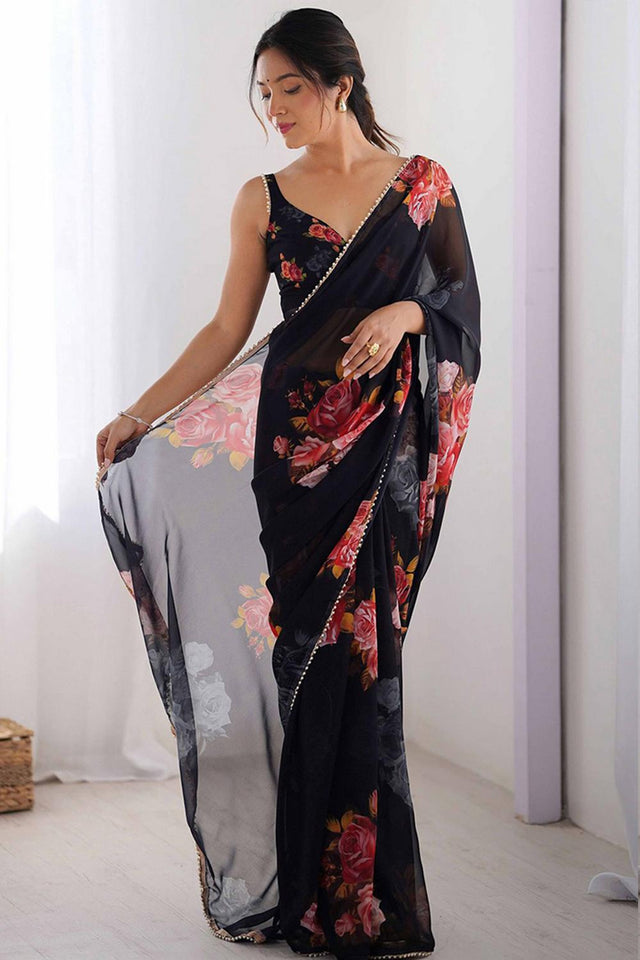 Black Floral Printed Georgette Saree