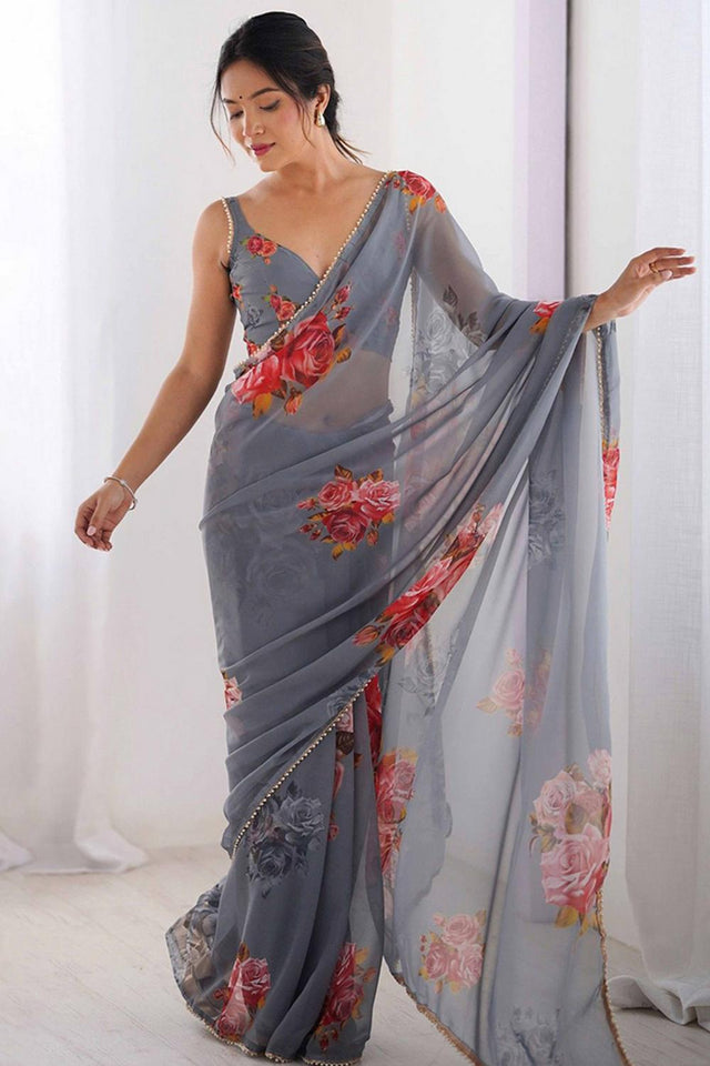 Grey Floral Printed Georgette Saree