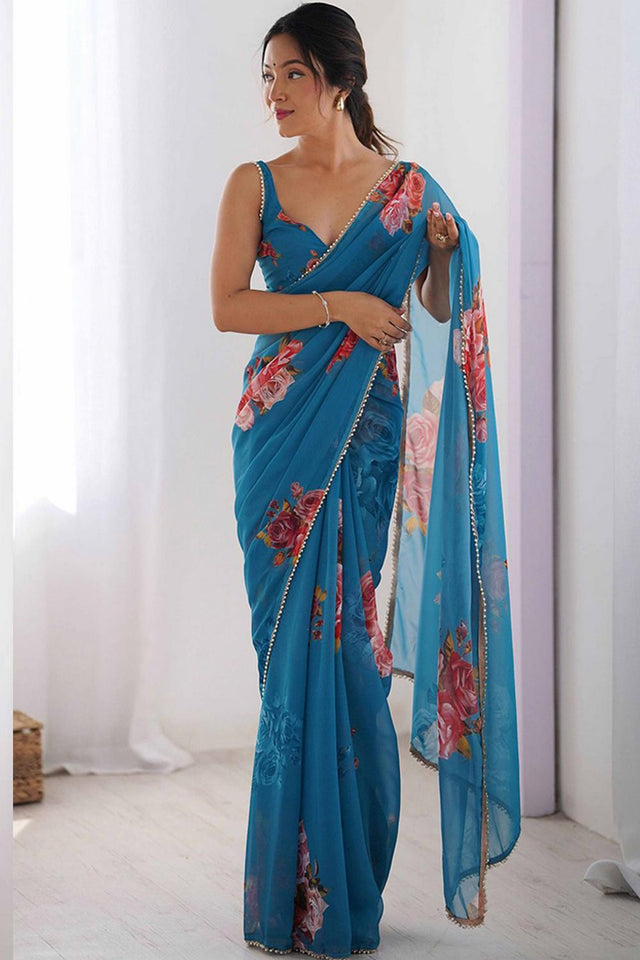 Blue Floral Printed Georgette Saree