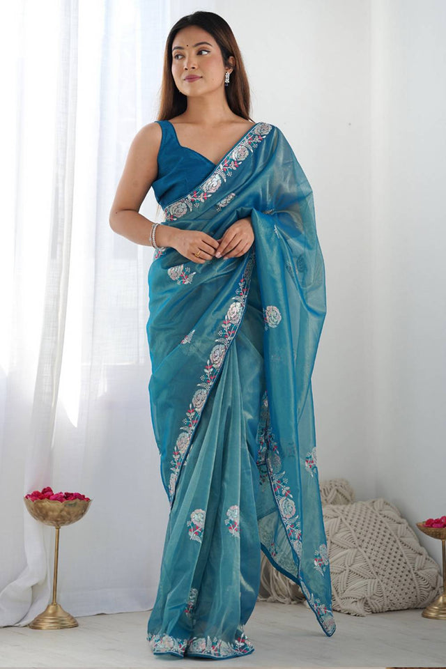 Light Blue Embroidered Organza Saree
