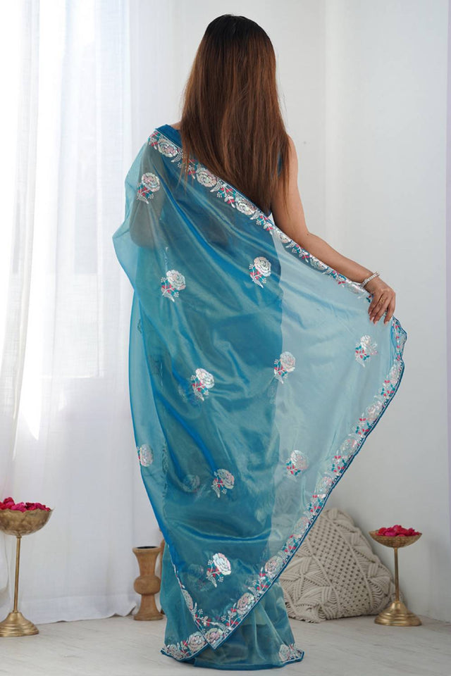 Light Blue Embroidered Organza Saree