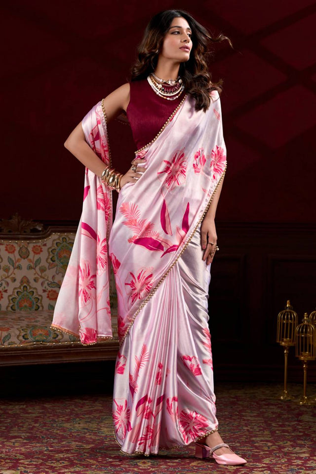 Pink Floral Printed Silk Saree