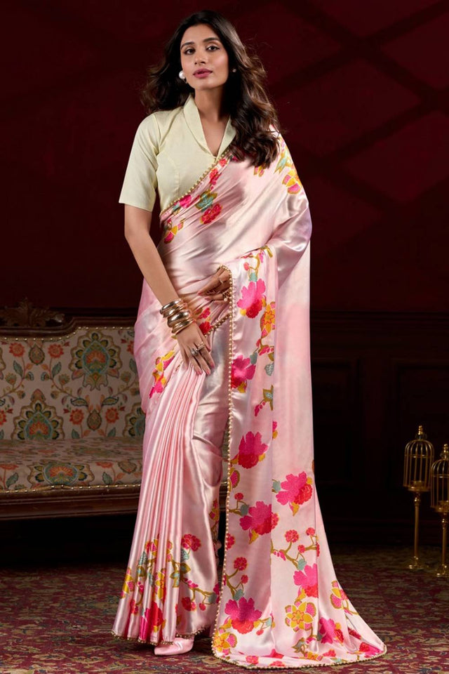 Light Pink Floral Printed Silk Saree