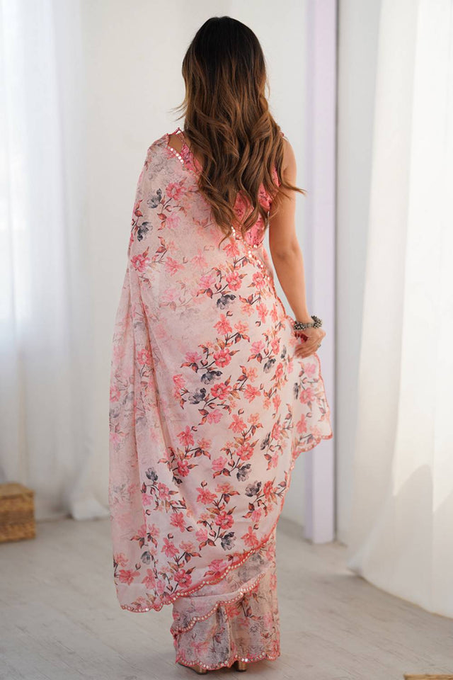 Light Pink Floral Printed Art Silk Saree