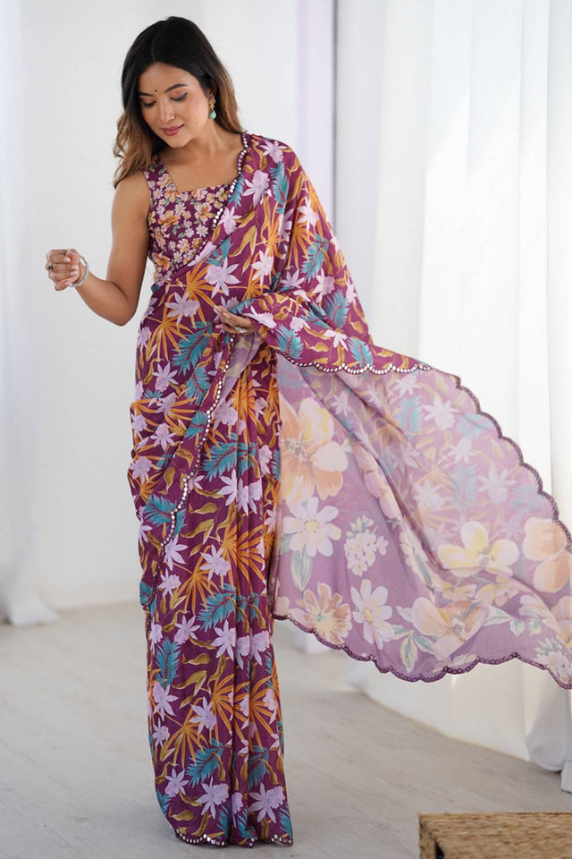 Wine Floral Printed Art Silk Saree