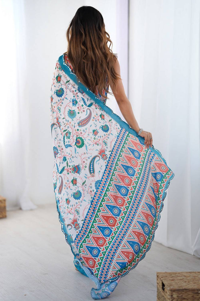 Off White Floral Printed Art Silk Saree