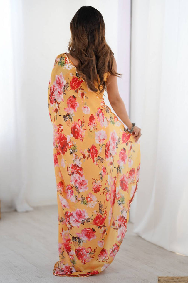 Yellow Floral Printed Art Silk Saree