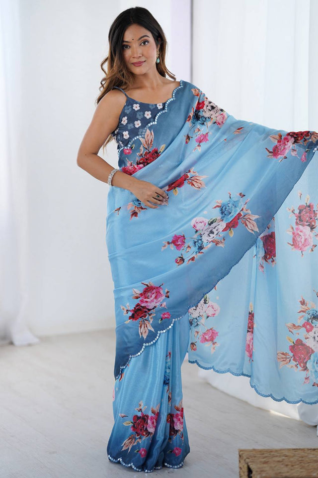 Blue Floral Printed Art Silk Saree