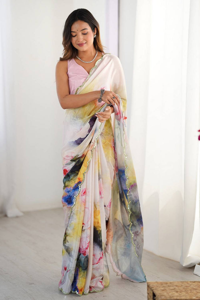Off White Floral Printed Art Silk Saree