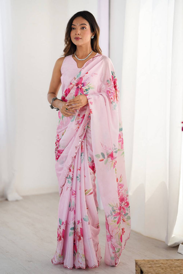 Light Pink Floral Printed Art Silk Saree