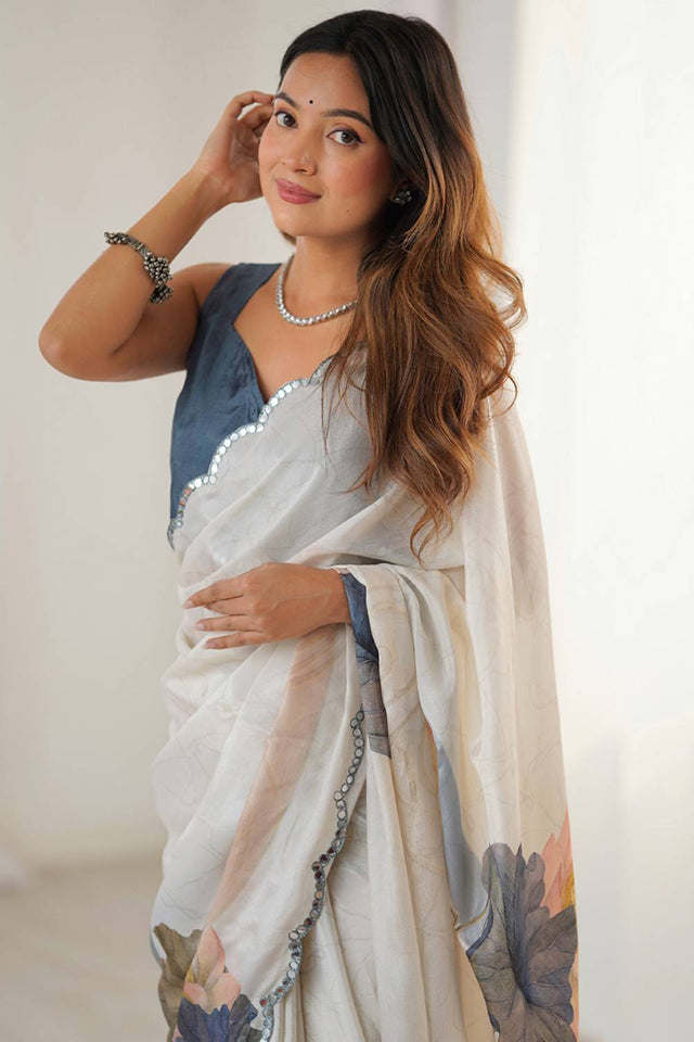 Off White Floral Printed Art Silk Saree