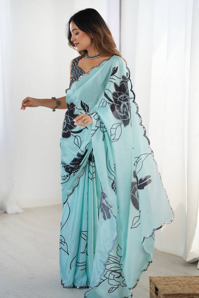 Blue Floral Printed Art Silk Saree