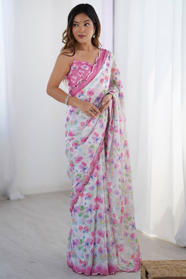 Off White Floral Printed Art Silk Saree