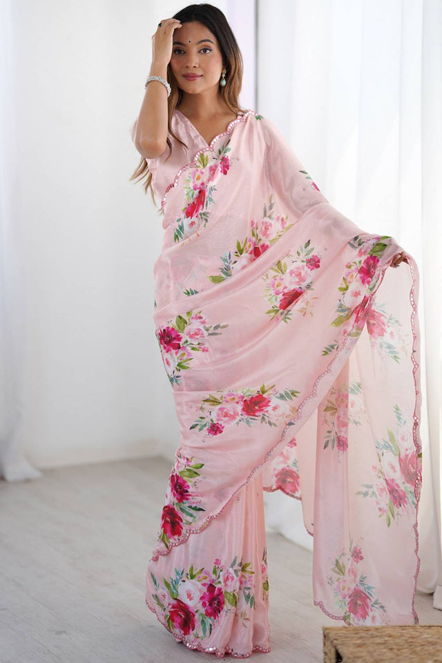 Light Pink Printed Art Silk Saree