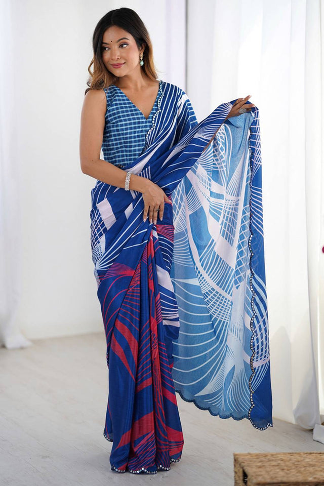 Blue Printed Art Silk Saree