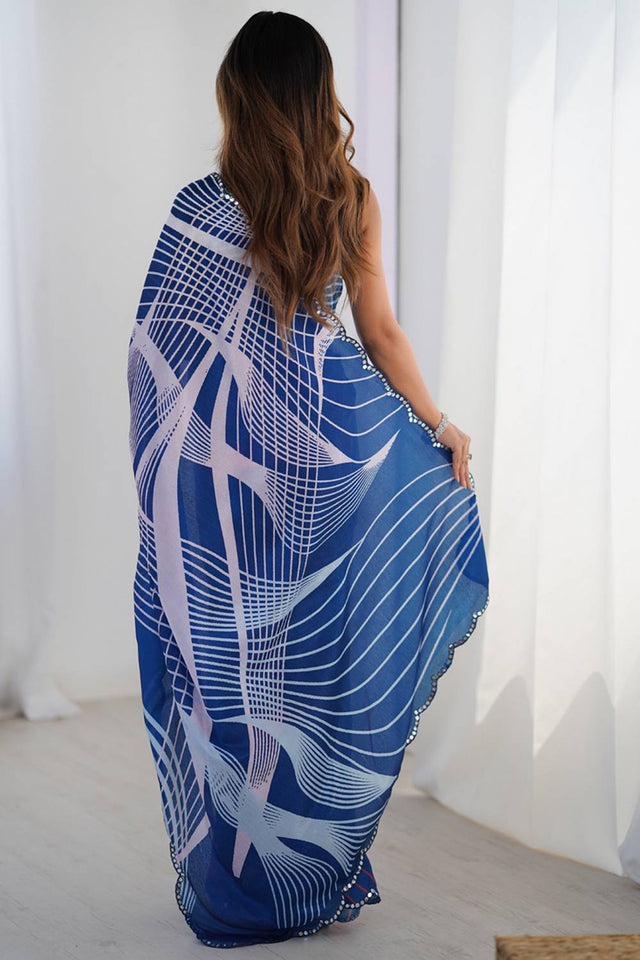 Blue Printed Art Silk Saree