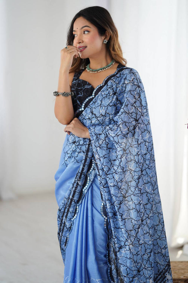 Blue Printed Art Silk Saree