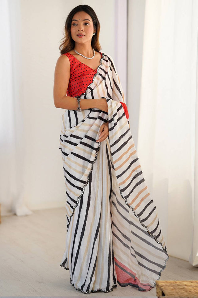 Off White Printed Art Silk Saree