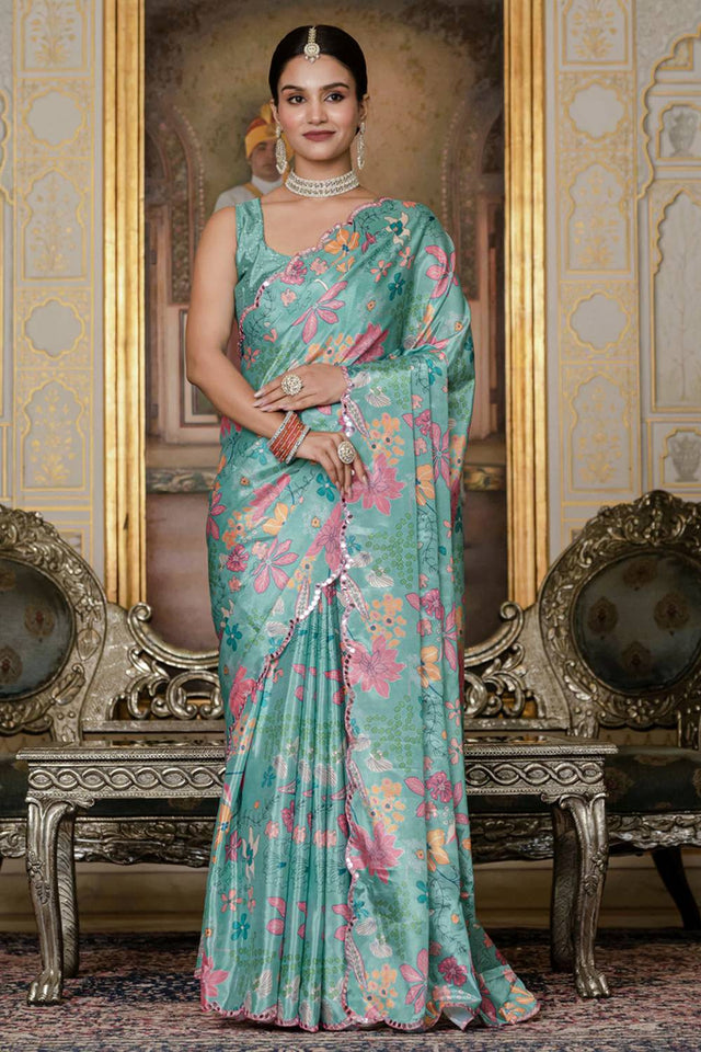 Blue Floral Printed Art Silk Saree