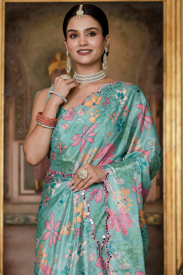 Blue Floral Printed Art Silk Saree