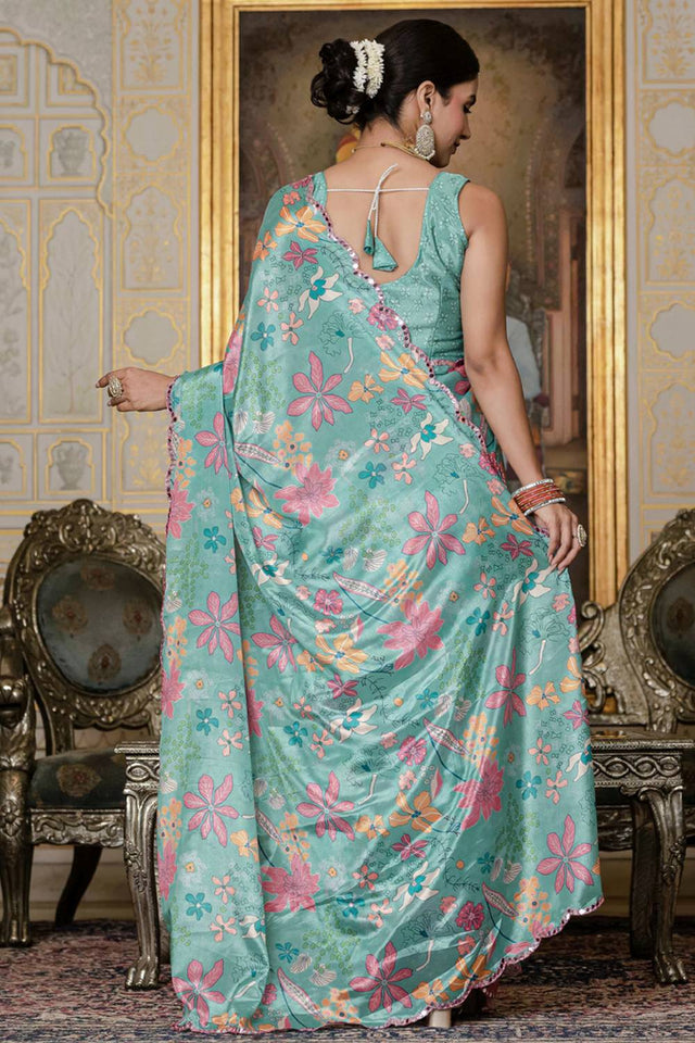 Blue Floral Printed Art Silk Saree