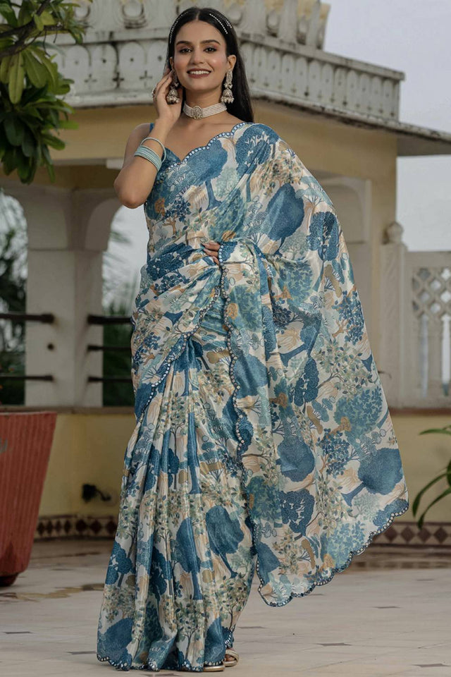 Grey Floral Printed Art Silk Saree