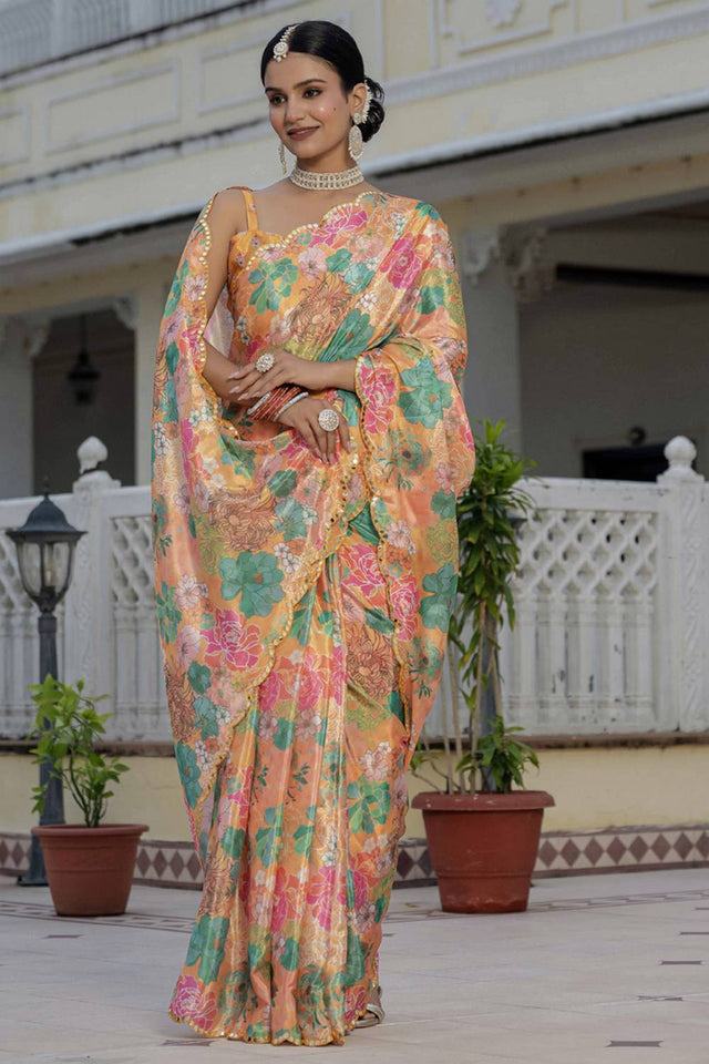 Mustard Floral Printed Art Silk Saree