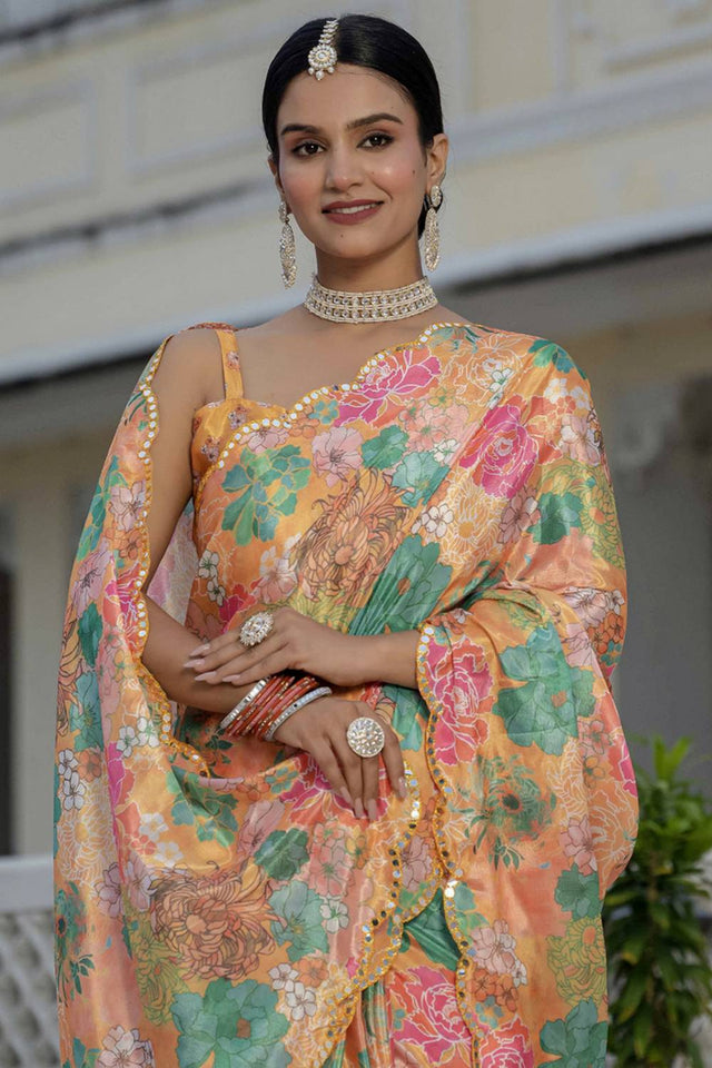 Mustard Floral Printed Art Silk Saree