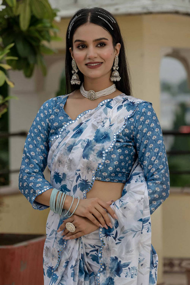 Off White Floral Printed Art Silk Saree