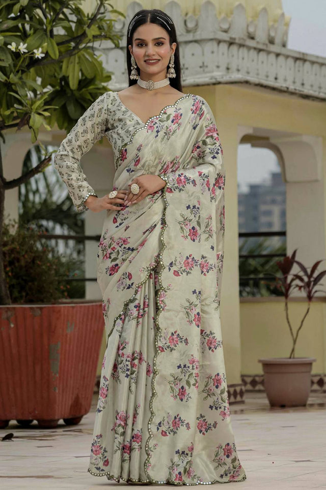 Beige Floral Printed Art Silk Saree