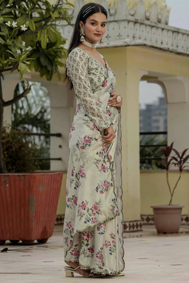 Beige Floral Printed Art Silk Saree