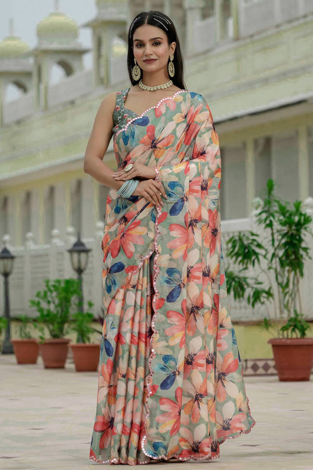 Multi Color Floral Printed Art Silk Saree