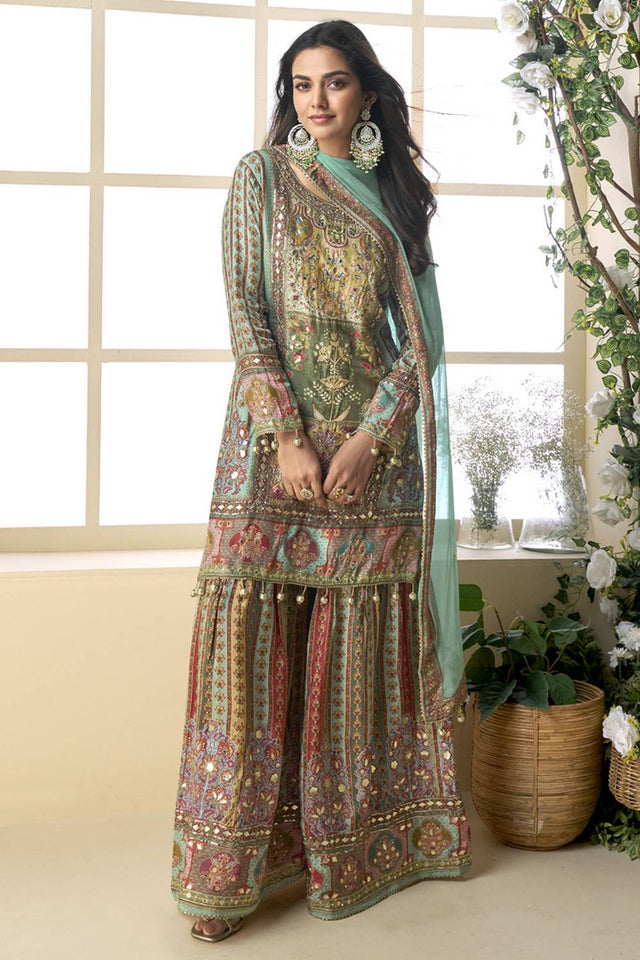 Blue Floral Embroidered Crepe Sharara Suit Set (vega PAKEEZA-5838)