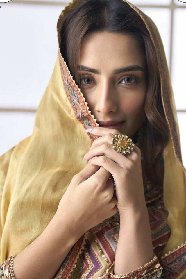 Mustard Printed Crepe Sharara Suit Set (vega PAKEEZA-5840)