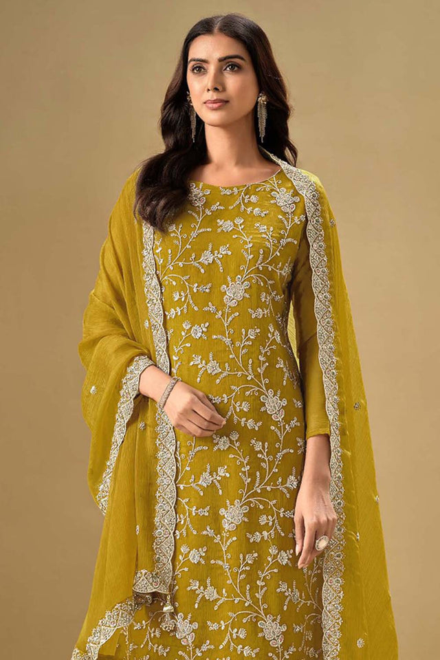 Yellow Embroidered Silk Straight Cut Suit Set
