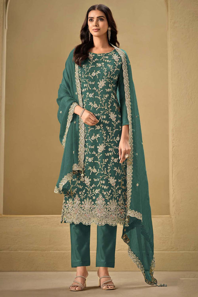 Blue Embroidered Silk Straight Cut Suit Set