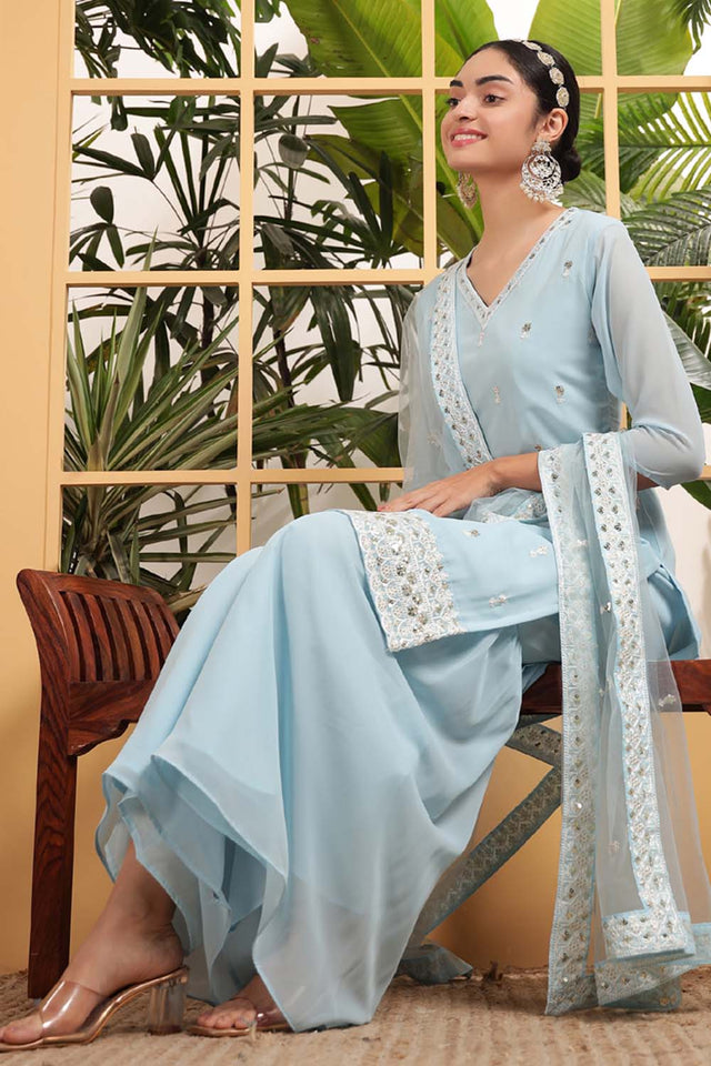 Blue Sequin with Embroidered Georgette Sharara Suit Set