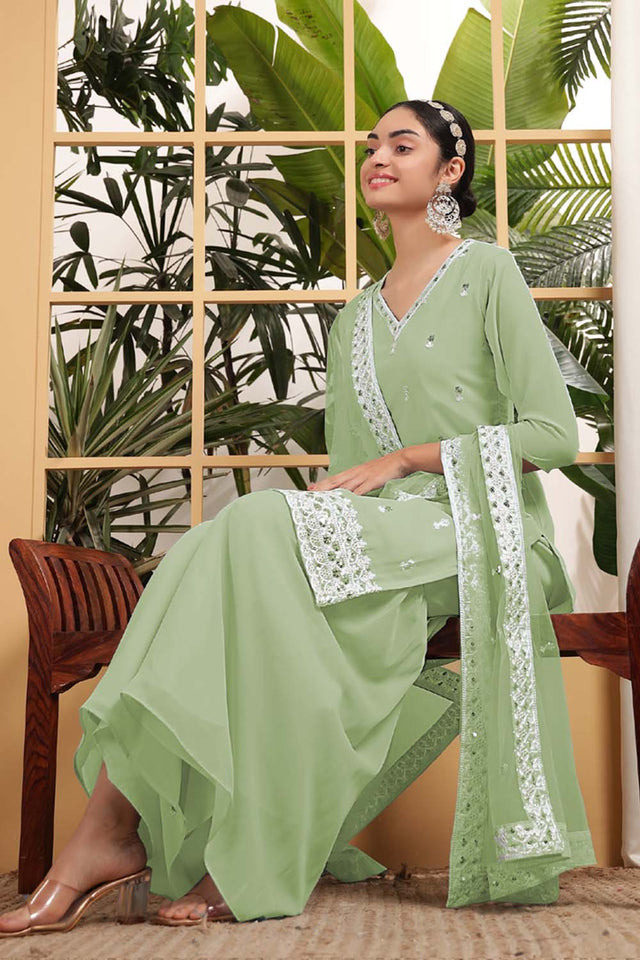 Green Sequin with Embroidered Georgette Sharara Suit Set
