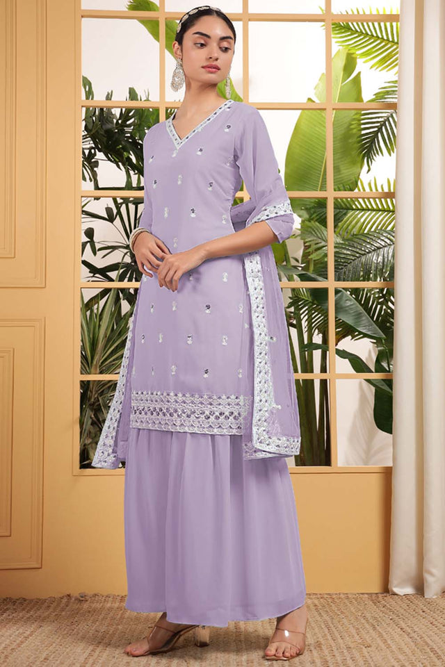 Violet Sequin with Embroidered Georgette Sharara Suit Set