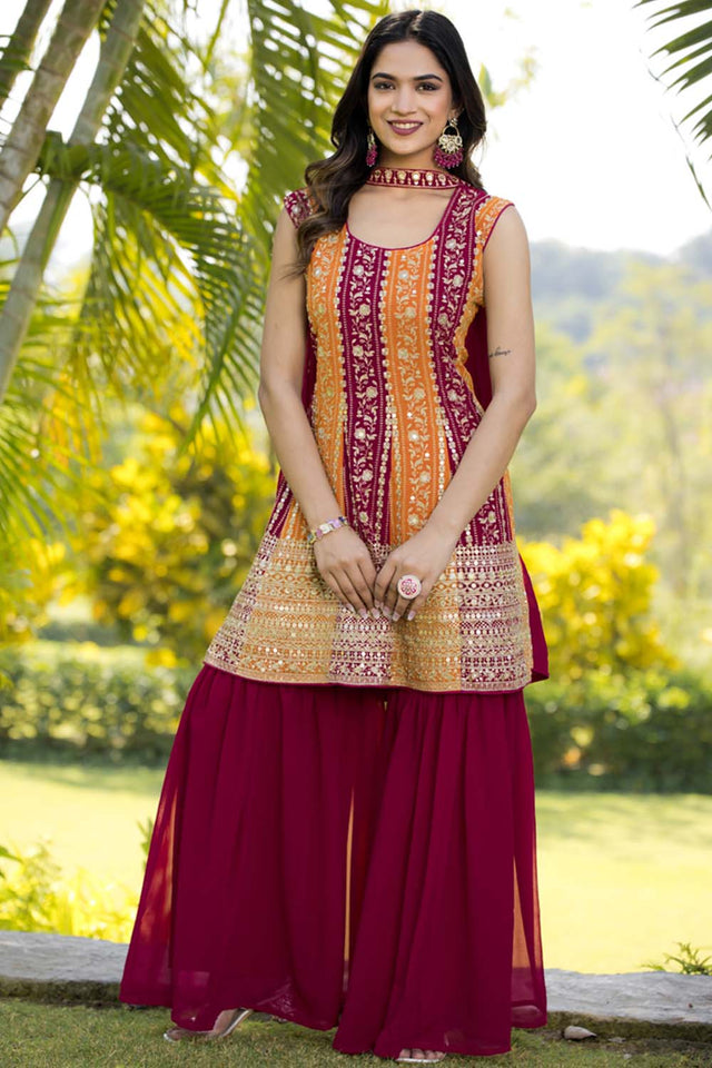 Red Sequin with Embroidered Georgette Sharara Suit Set