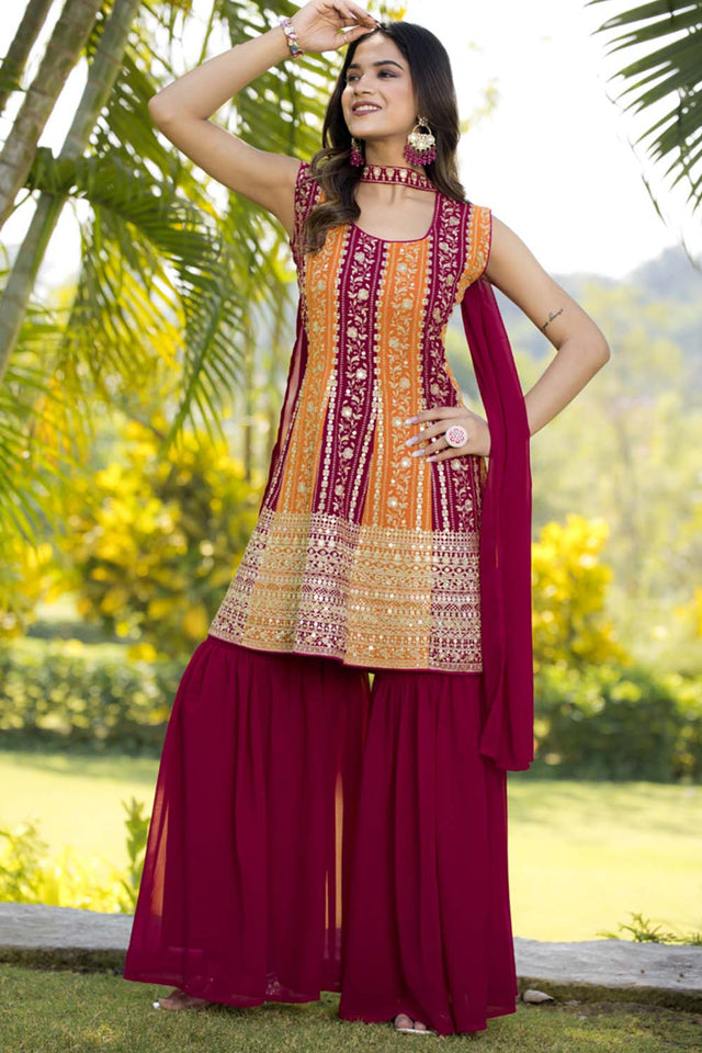 Red Sequin with Embroidered Georgette Sharara Suit Set