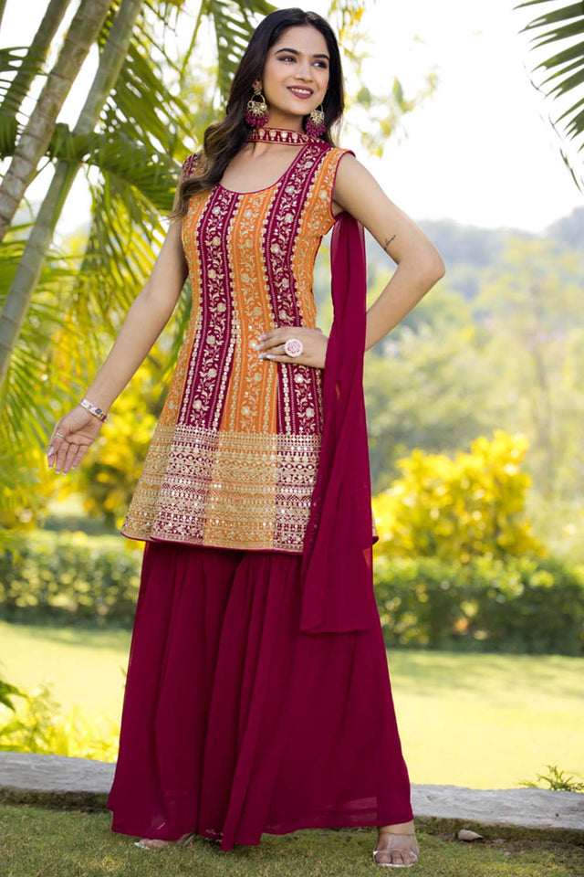 Red Sequin with Embroidered Georgette Sharara Suit Set