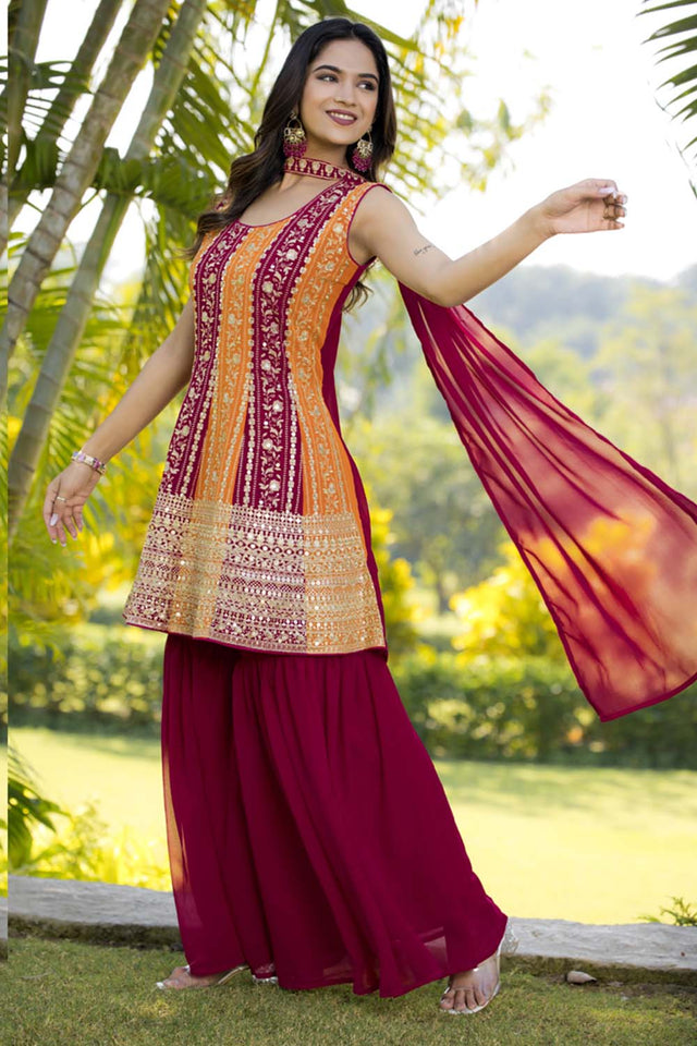 Red Sequin with Embroidered Georgette Sharara Suit Set